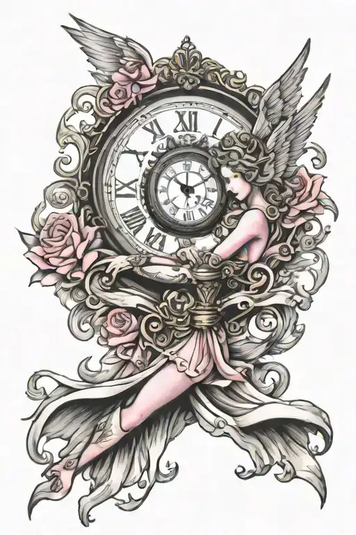 Pink Angel Clock tattoo design idea