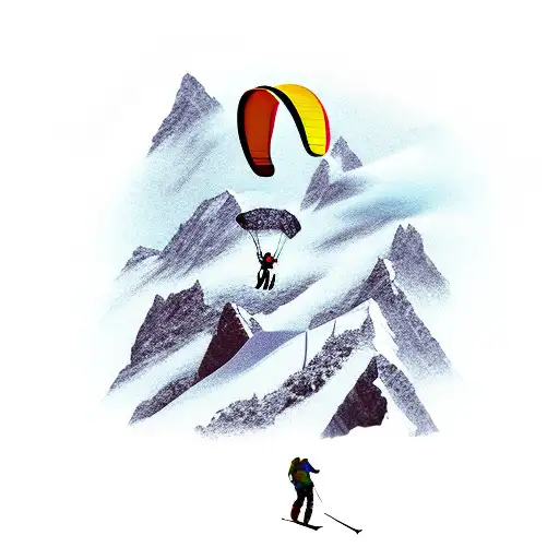 Skier down a mountain with a paraglider overhead tattoo design idea