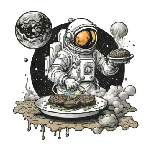 A futuristic astronaut cooking a hamburger on a planet surface tattoo design idea