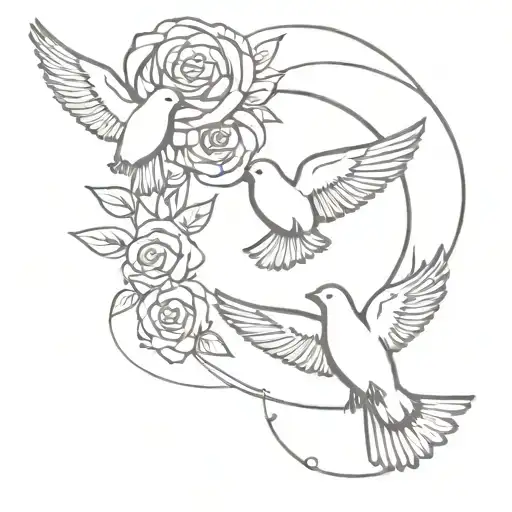 Roses and doves flying around roman numerals  tattoo design idea
