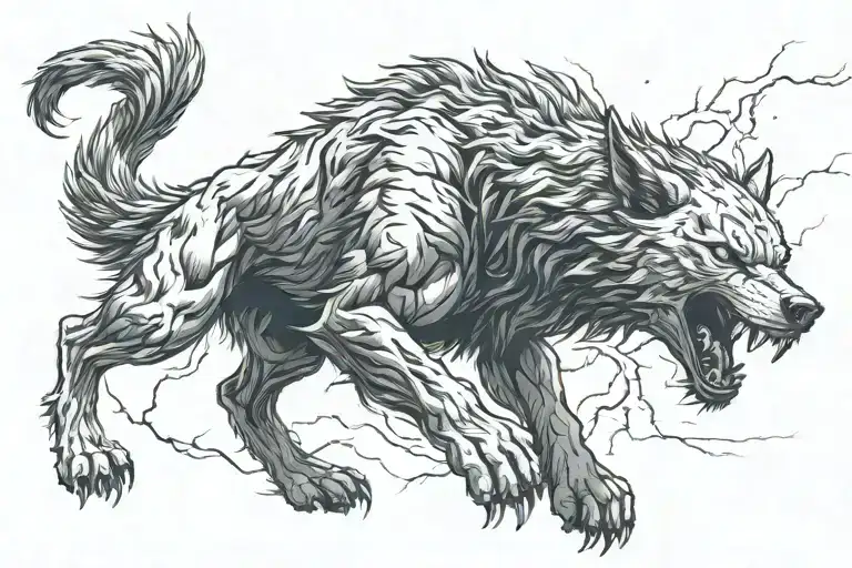 Fenrir fight scene featuring thunder storm tattoo design idea