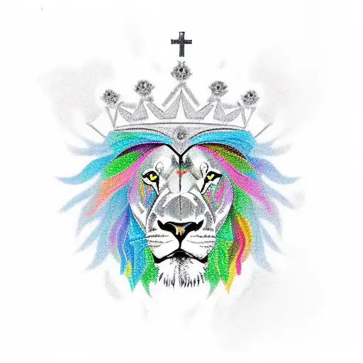 A modern and colorful new-school tattoo of a lion wearing a crown, symbolizing the strength and authority of Christian beliefs. tattoo design idea