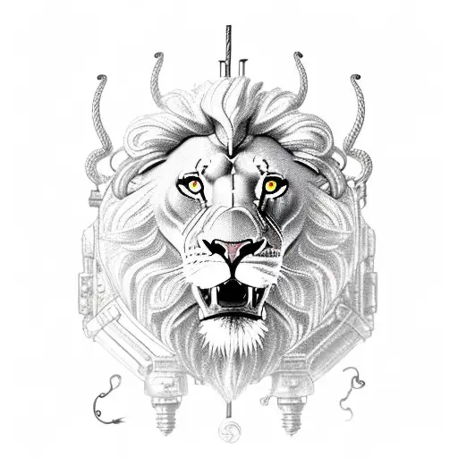An intricately designed lion head emerging from a video game console, with fishing hooks entwined in its mane. tattoo design idea