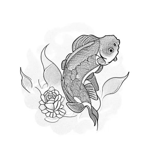 A blackwork tattoo of a Japanese koi fish swimming through a field of navy blue roses tattoo design idea