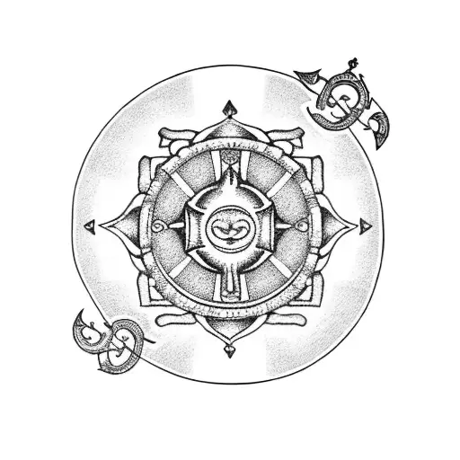 A dotwork tattoo of an Aztec calendar with a marine anchor in the center, surrounded by Japanese cherry blossoms tattoo design idea