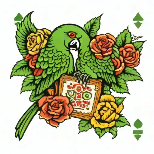 green parrot in the style of a two-headed playing card tattoo design idea