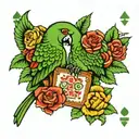green parrot in the style of a two-headed playing card tattoo design idea