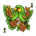 green parrot in the style of a two-headed playing card tattoo design idea