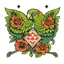 green parrot in the style of a two-headed playing card tattoo design idea