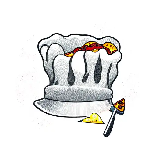 A pizza slice with a chef's hat and a knife as crossed bones tattoo design idea
