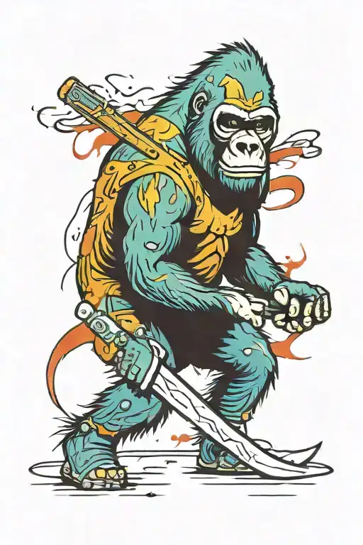 a gorilla body wielding a machete while wearing a hockey mask. tattoo design idea