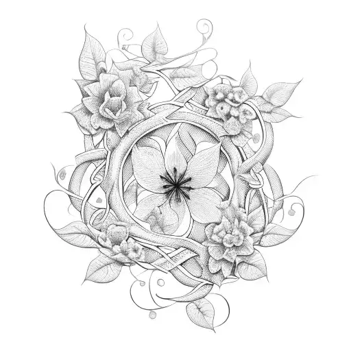 An acoustic guitar intertwined with vines and flowers tattoo design idea