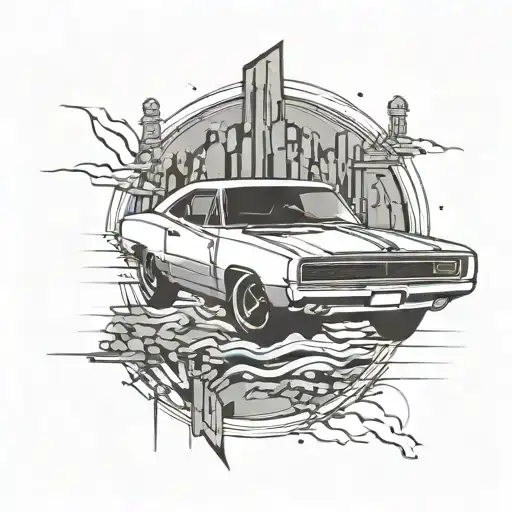 - A minimalistic, clean outline of a Dodge Charger, focusing on key lines to ensure it's small and stylized. tattoo design idea