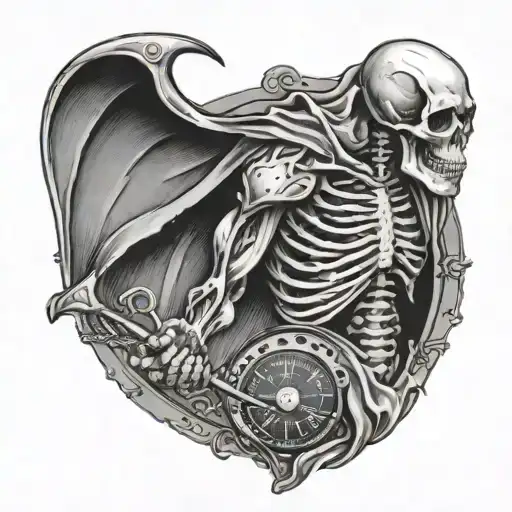 the grim reaper with a scythe, holding a scale weighing a realistic heart and brain tattoo design idea