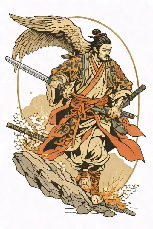 Hunter Samurai going trough mountain path with bloody katana in one hand and eagle on another one  tattoo design idea