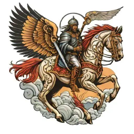 a warrior on his horse protected by an angel tattoo design idea