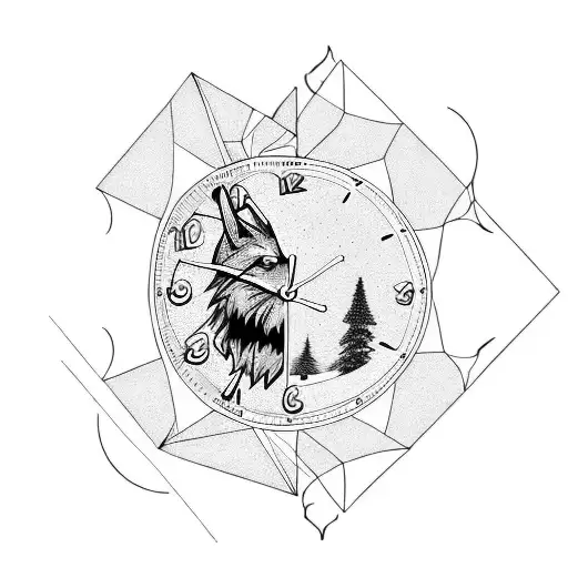 seasons changing with clock, wolf, and phoenix tattoo design idea