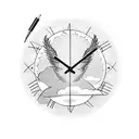 seasons changing with a round clock, prayer hands in the middle, a phoenix flying, and a lone wolf tattoo design idea