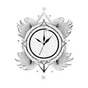 seasons changing with a round clock, prayer hands in the middle, a phoenix flying, and a lone wolf tattoo design idea