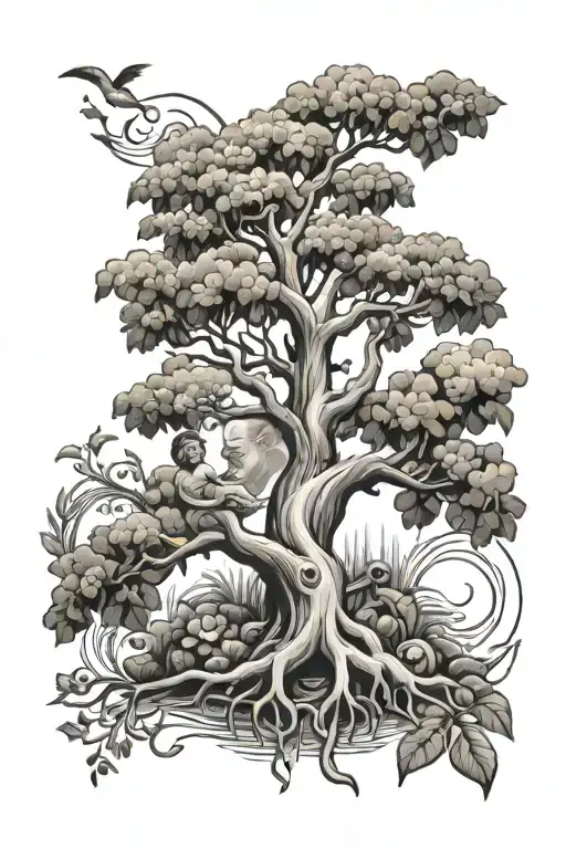 God and mother and money tree growing tattoo design idea