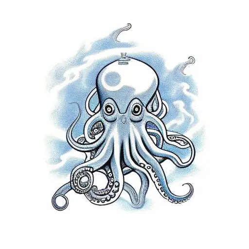 octopus rising from the deep to grab navy submarine while the submarine is shooting a torpedo at a russian battleship tattoo design idea