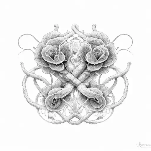 An abstract design of a lung intertwined with delicate flowers, with the words 'What died didn't stay dead' incorporated into the linework. tattoo design idea