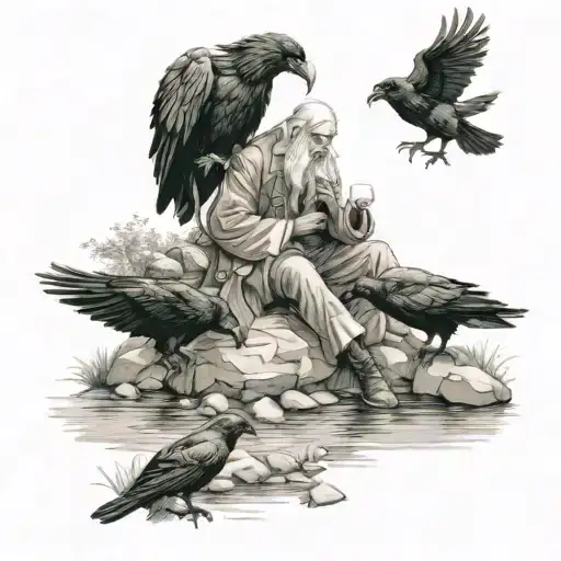 Make me a tattoo sketch of Elijah sitting by the brook with the two ravens bringing him meat and bread from the bible tattoo design idea