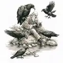 Make me a tattoo sketch of Elijah sitting by the brook with the two ravens bringing him meat and bread from the bible tattoo design idea