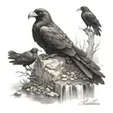 Make me a tattoo sketch of Elijah sitting by the brook with the two ravens bringing him meat and bread from the bible tattoo design idea