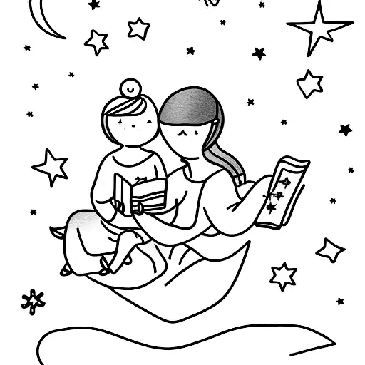 A mother and daughter reading together under a starry sky tattoo design idea