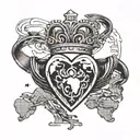 A traditional Irish Claddagh ring intertwined with a map of the world, symbolizing your love for travel and Ireland tattoo design idea