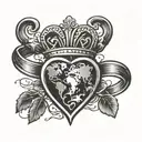 A traditional Irish Claddagh ring intertwined with a map of the world, symbolizing your love for travel and Ireland tattoo design idea