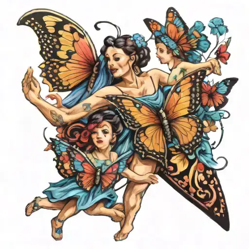 A neotraditional tattoo of a grandmother and her four grandchildren as colorful dancing butterflies, each with unique patterns and symbols tattoo design idea