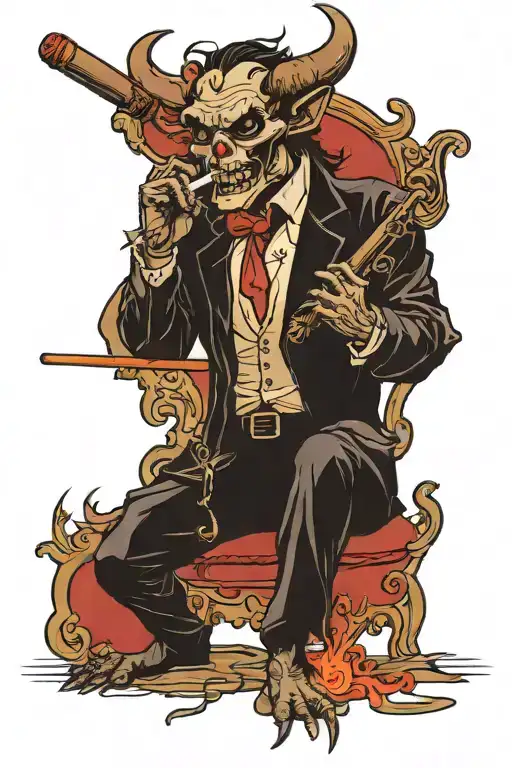 A cigar smoking demon writing a chilling tale with a quill pen tattoo design idea