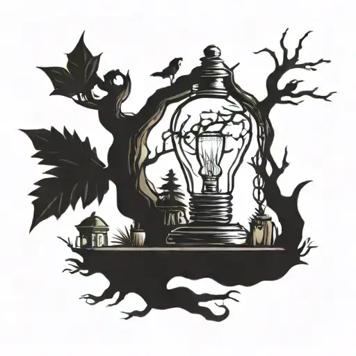 light bulb hanging in a haunted forest above a writer's desk tattoo design idea