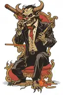 A cigar smoking demon writing a chilling tale with a quill pen tattoo design idea