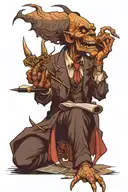 A cigar smoking demon writing a chilling tale with a quill pen tattoo design idea