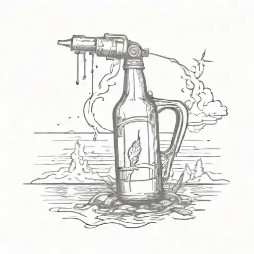 A sketch of a beer bottle and welding torch crossed over each other, with a lake in the background tattoo design idea