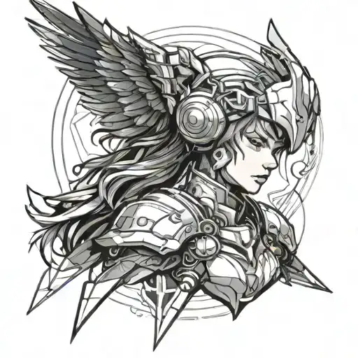 Combine elements from anime and mythology to create a futuristic anime-inspired Valkyrie character, incorporating aerospace motifs tattoo design idea