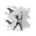 Grafter working on a brick wall made of jigsaw puzzle pieces tattoo design idea