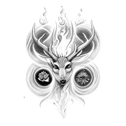 Sleeve tattoo. Based off of the 4 elements fire wind water earth going into birth flowers and the a mother deer and 3 ba tattoo design idea