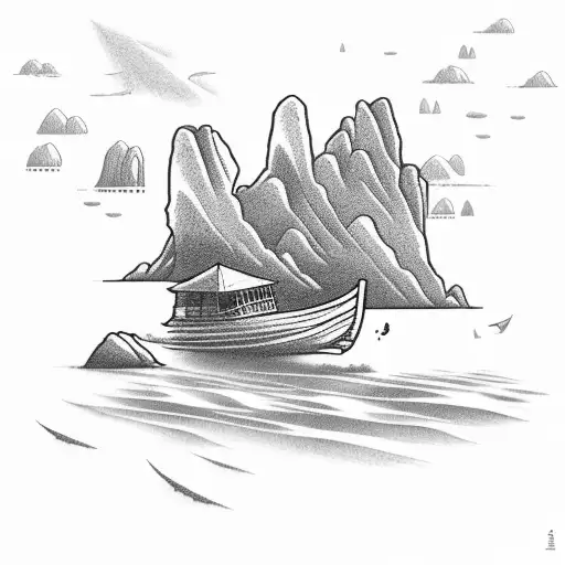 A serene scene of a hill overlooking Baie de phangnga with a long tail boat sailing in the distance tattoo design idea