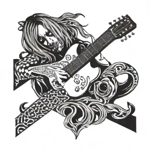 A dotwork design of Kurt Cobain's face morphing into a guitar neck tattoo design idea