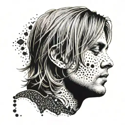 A dotwork design of Kurt Cobain's face morphing into a guitar neck tattoo design idea