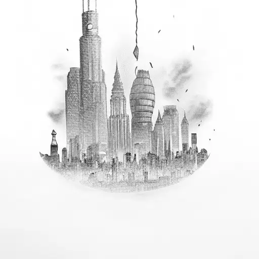 Whiskey bottle pouring into a city skyline tattoo design idea