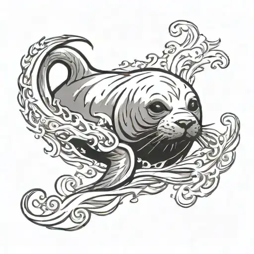 seal coming out of fire water earth tattoo design idea