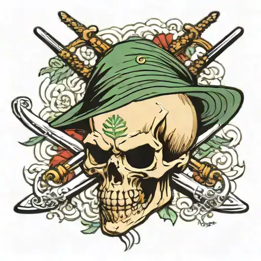 zoro skull with swords crossed tattoo design idea