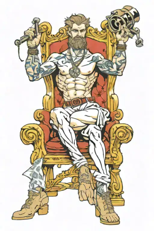 dzeus on a throne pointing his finger at us with two pin-ups on his knees they are provocative and sexy tattoo design idea