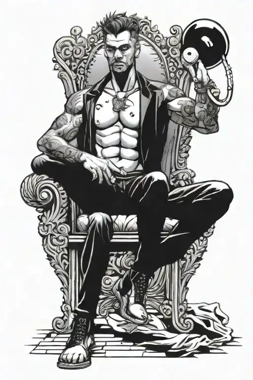 dzeus on a throne pointing towards us with two pin-ups on his knees they are provocative and sexy tattoo design idea