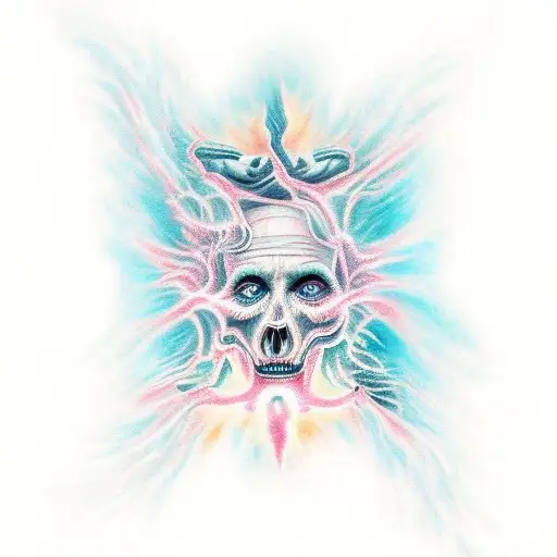 The tattoo features a central image of a human soul caught between the gates of heaven and hell. The soul is depicted as tattoo design idea